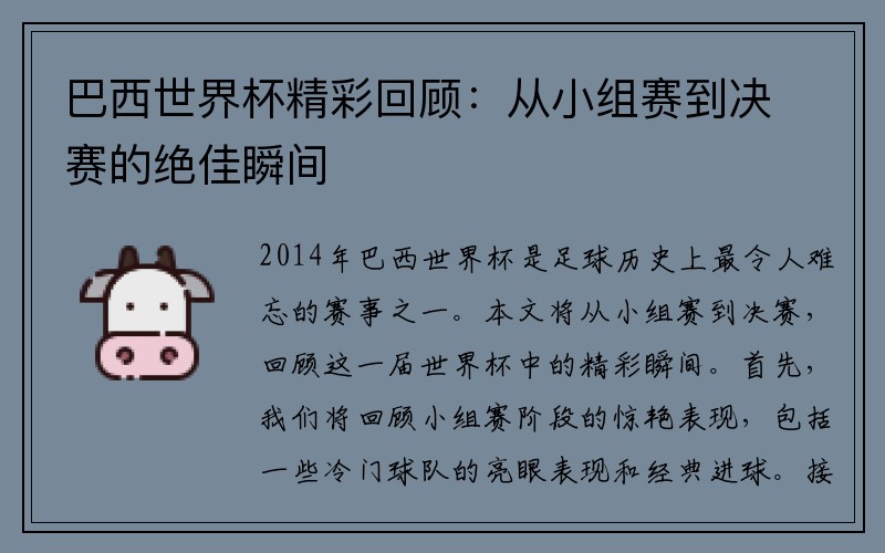 巴西世界杯精彩回顾：从小组赛到决赛的绝佳瞬间