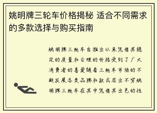 姚明牌三轮车价格揭秘 适合不同需求的多款选择与购买指南